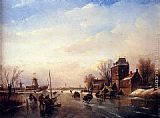 Jan Jacob Coenraad Spohler Famous Paintings - Skaters on a Frozen River